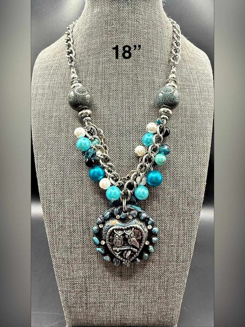 256. Blue Beaded Heart Pendant Necklace